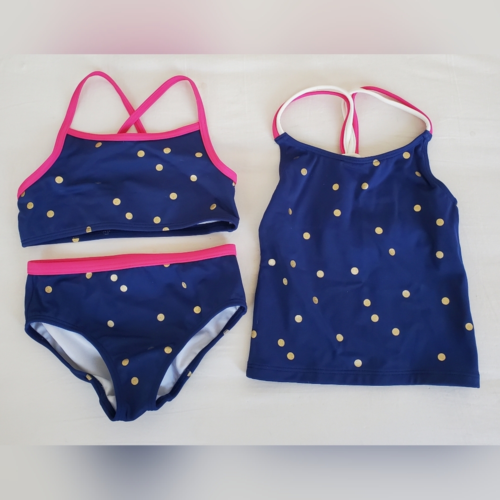 Boden 3 Piece Bikini/Tankini Set Navy & Pink With Gold Confetti Dots 5/6 & 6/7